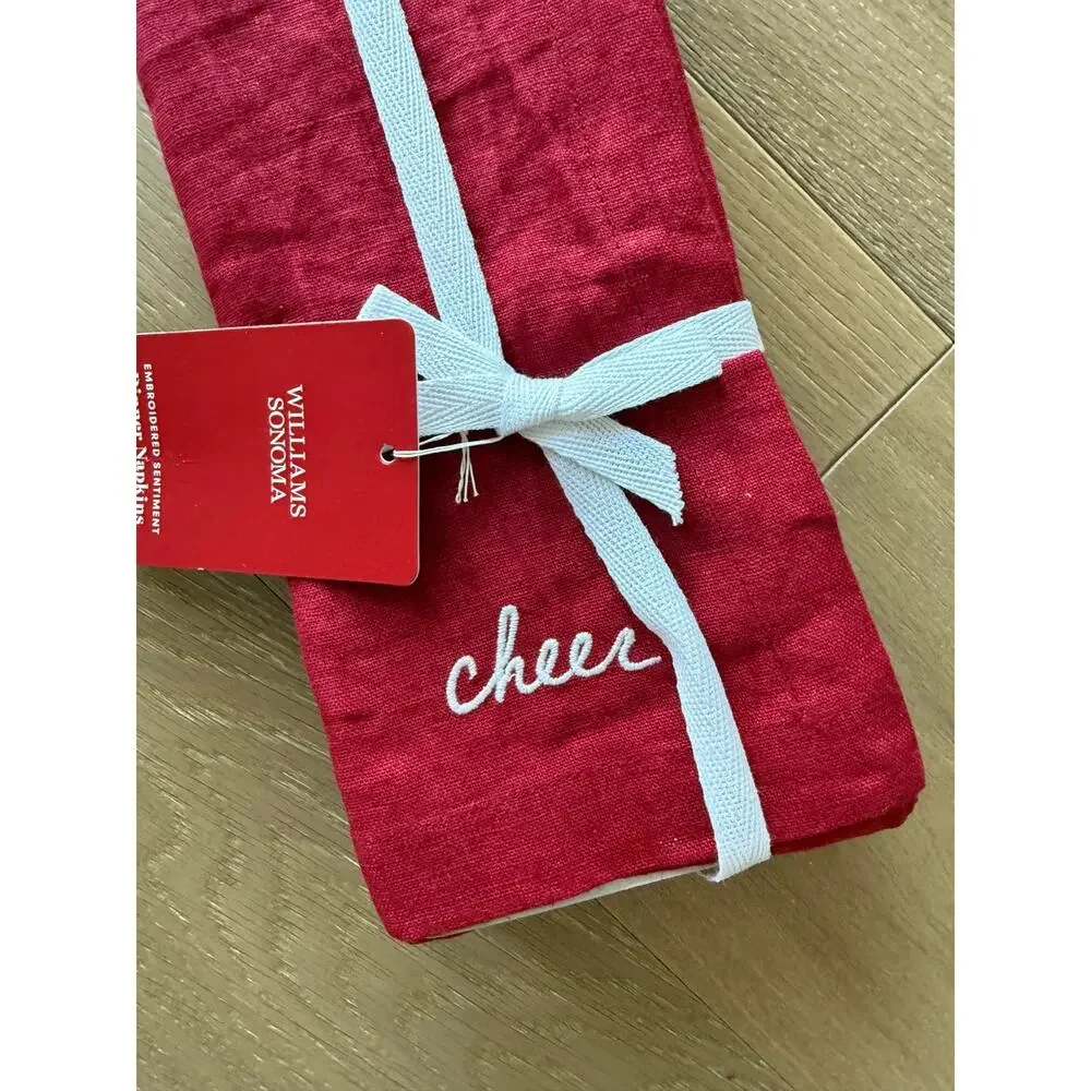 New Williams Sonoma Embroidered Sentiment Dinner Napkins Set 4 Red